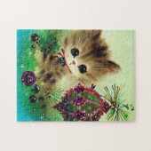 レトロのヴィンテージの子猫のクリスマスのお祝いのパズル ジグソーパズル (横)