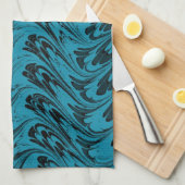 レトロのヴィンテージの波のティール(緑がかった色)の黒の台所タオル キッチンタオル (四つ折り)