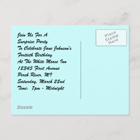 レトロのヴィンテージの郵便はがきのびっくりパーティの慎重なおもしろい インビテーションポストカード (裏面)