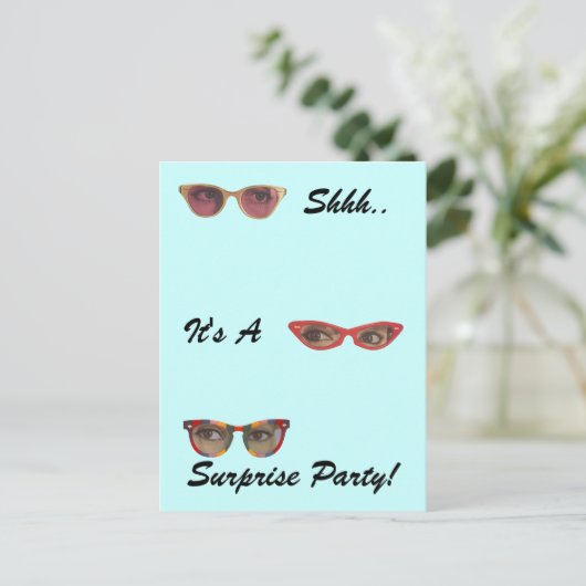 レトロのヴィンテージの郵便はがきのびっくりパーティの慎重なおもしろい インビテーションポストカード (スタンド正面)