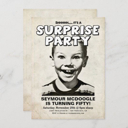 レトロのヴィンテージの驚きのパーティの招待状 招待状 (正面/裏面)