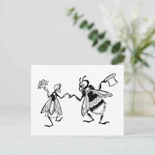 レトロのヴィンテージの黒く及び白くかわいくおもしろいな虫の結婚式 ポストカード (スタンド正面)