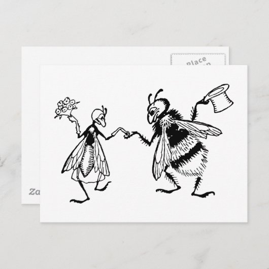 レトロのヴィンテージの黒く及び白くかわいくおもしろいな虫の結婚式 ポストカード (正面/裏面)