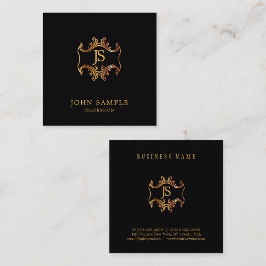 レトロの一見の黒および金ゴールドの芸術的なモノグラムの平野 スクエア名刺 (正面/裏面)