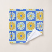 レトロの中世モダン紀の花が青と黄 バスタオルセット (ウォッシュタオル)