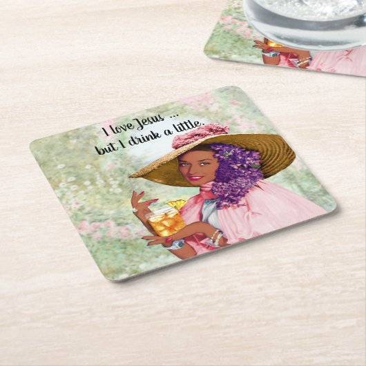 レトロの主婦のカラーハットカクテルフラワー スクエアペーパーコースター (アングル)