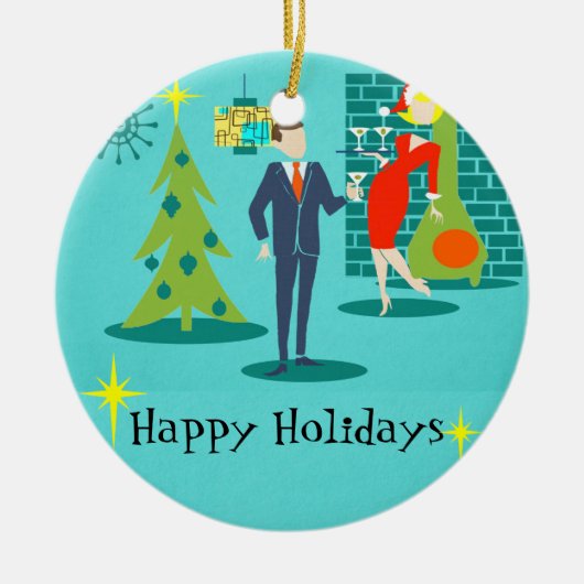 レトロの休日の漫画のカップルのクリスマスのオーナメント セラミックオーナメント (正面)