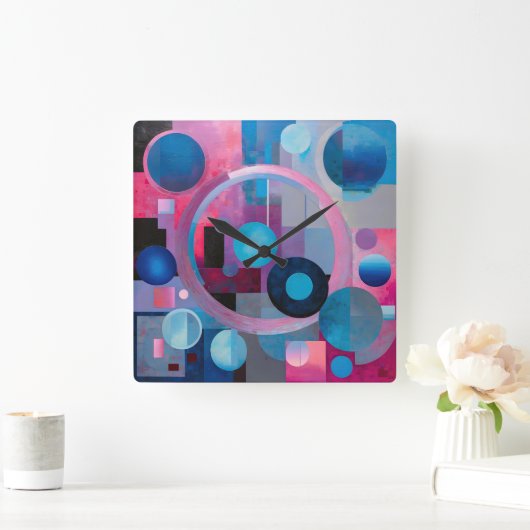 レトロの円と正方形ソフトトーンのピンクとブルー スクエア壁時計 (ホーム)