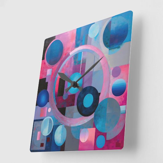 レトロの円と正方形ソフトトーンのピンクとブルー スクエア壁時計 (傾斜)