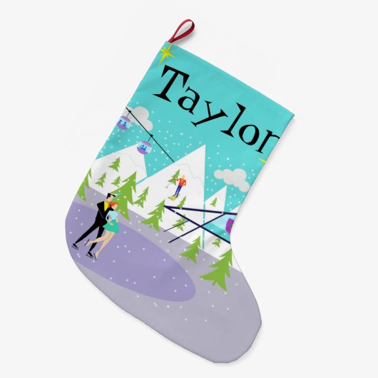 レトロの冬のスキー場のクリスマスのストッキング ラージクリスマスストッキング (正面 (吊り時))