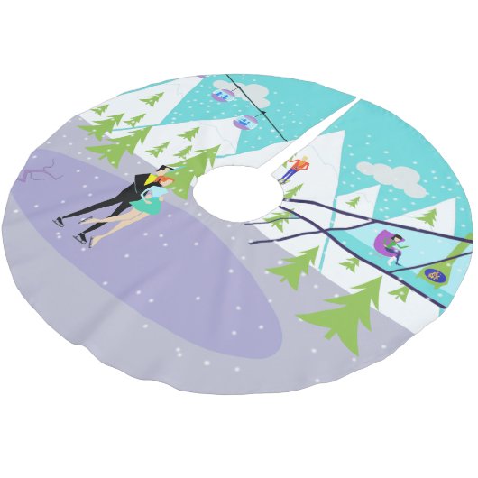 レトロの冬のスキー場のクリスマスツリーのスカート ブラッシュドポリエステルツリースカート (アングル)