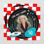 レトロの刺激を受けたでフェイクなビニールのアルバム誕生会 招待状 (正面/裏面)