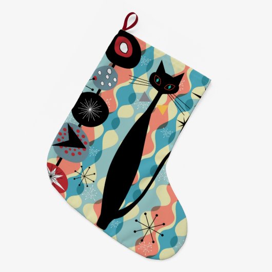 レトロの原子時代のカッコいい猫の青いクリスマスのストッキング ラージクリスマスストッキング (正面 (吊り時))