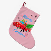 レトロの原子時代のカッコいい猫及び赤い小型トラックのピンク ラージクリスマスストッキング (正面 (吊り時))