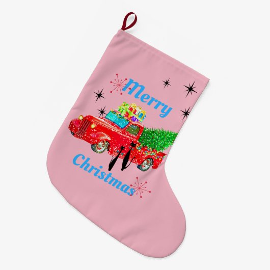 レトロの原子時代のカッコいい猫及び赤い小型トラックのピンク ラージクリスマスストッキング (正面 (吊り時))