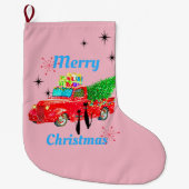 レトロの原子時代のカッコいい猫及び赤い小型トラックのピンク ラージクリスマスストッキング (正面)