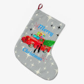 レトロの原子時代のカッコいい猫及び赤い小型トラック ラージクリスマスストッキング (正面 (吊り時))
