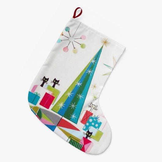 レトロの原子時代の世紀半ばのモダンのクリスマス ラージクリスマスストッキング (正面 (吊り時))