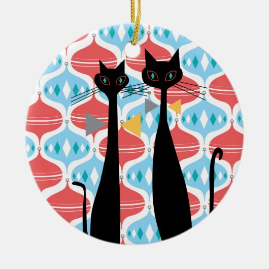 レトロの原子時代の世紀半ばのモダンMCMクールな猫 セラミックオーナメント (正面)