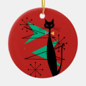 レトロの原子時代の世紀半ばのモダンMCMクールな猫R セラミックオーナメント (正面)