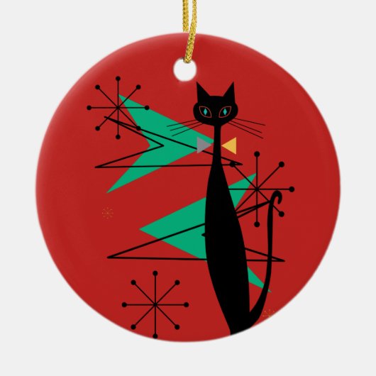 レトロの原子時代の世紀半ばのモダンMCMクールな猫R セラミックオーナメント (正面)