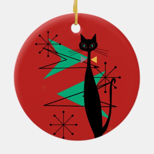 レトロの原子時代の世紀半ばのモダンMCMクールな猫R セラミックオーナメント (裏面)