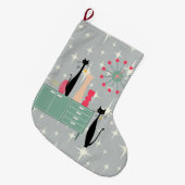 レトロの原子時代猫及び時計のクリスマスのストッキング ラージクリスマスストッキング (正面 (吊り時))