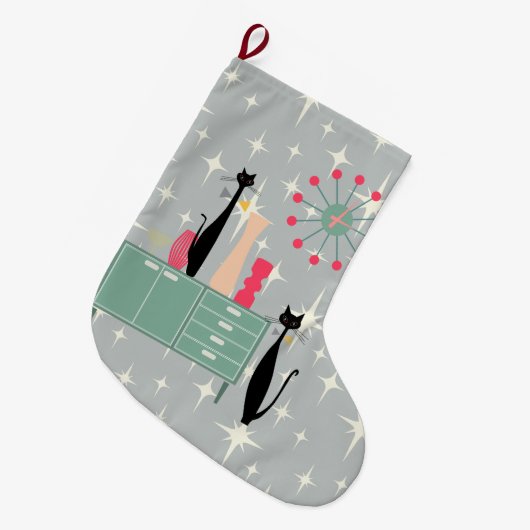 レトロの原子時代猫及び時計のクリスマスのストッキング ラージクリスマスストッキング (正面 (吊り時))