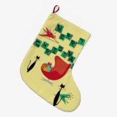 レトロの原子時代猫及び椅子MCMのストッキング ラージクリスマスストッキング (正面 (吊り時))