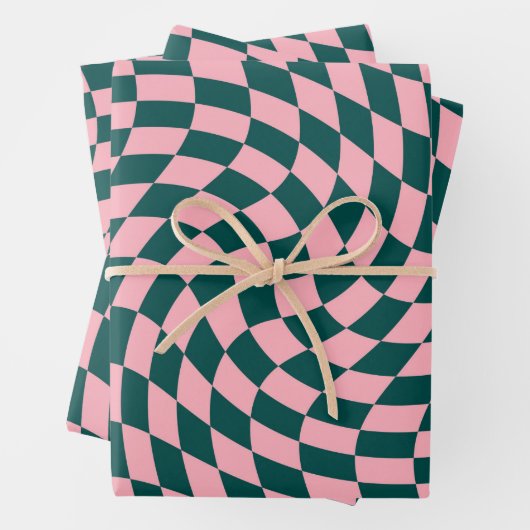 レトロの反ったジャングルグリーンピンクチェッ市松模様にク ラッピングペーパーシート (インサイチュ)