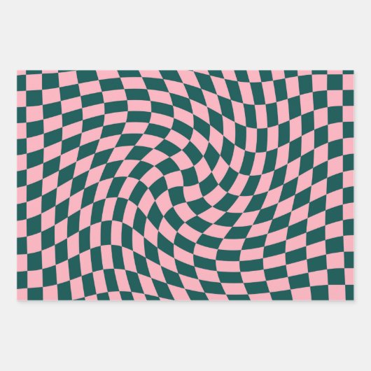 レトロの反ったジャングルグリーンピンクチェッ市松模様にク ラッピングペーパーシート (正面)