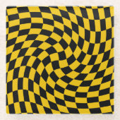 レトロの反った黒い黄色のチェッ市松模様にク ガラスコースター (正面)