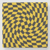 レトロの反った黒い黄色のチェッ市松模様にク ストーンコースター (正面)