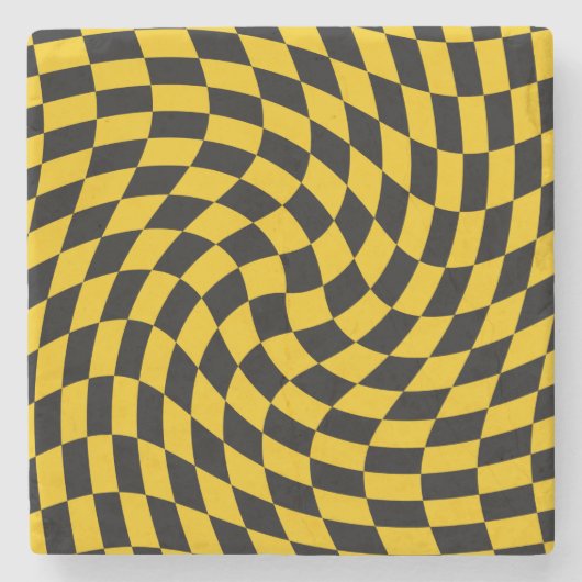 レトロの反った黒い黄色のチェッ市松模様にク ストーンコースター (正面)