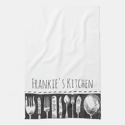 レトロの図解入りの、写真付きのな食事用器具類 キッチンタオル (縦)