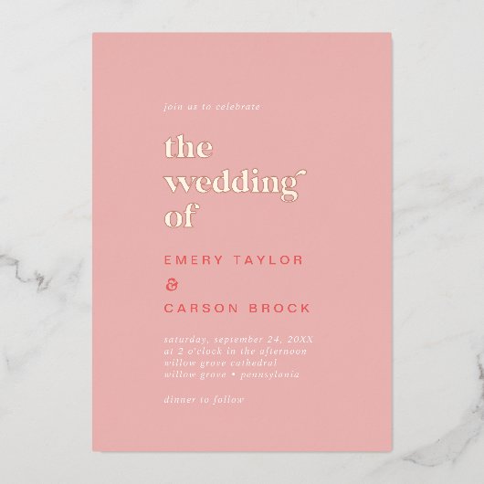 レトロの夏のフォイルピンクとオレンジ結婚色のThe's 箔招待状 (正面)