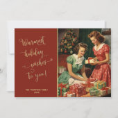 レトロの女の子クリスマスツリーでプレゼントを準備する シーズンカード (正面)