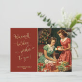 レトロの女の子クリスマスツリーでプレゼントを準備する シーズンカード (スタンド正面)