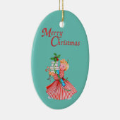 レトロの女の子&プレゼントメリークリスマスキャンディーケーン セラミックオーナメント (右)