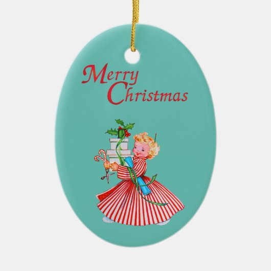 レトロの女の子&プレゼントメリークリスマスキャンディーケーン セラミックオーナメント (正面)