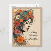 レトロの女の子（髪に花を付ける） ポストカード (正面/裏面)