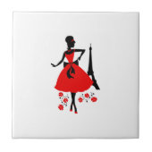 レトロの女性の赤い黒のシルエットとエッフェルタワー タイル (正面)