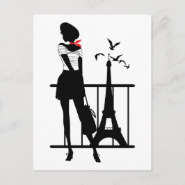 レトロの女性赤黒のシルエットとエッフェルタワー ポストカード
