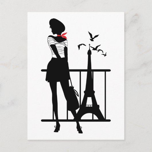 レトロの女性赤黒のシルエットとエッフェルタワー ポストカード (正面)