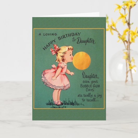 レトロの娘のフーセンガムの誕生日の挨拶状 カード (黄色い花)