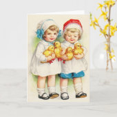 レトロの子供とアヒルのノートカード カード (黄色い花)