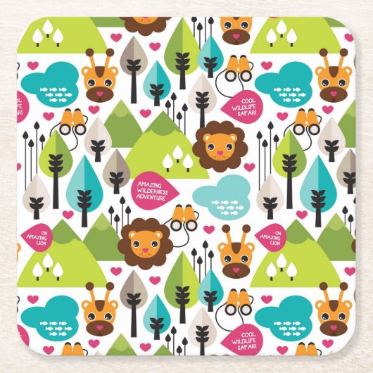 レトロの子供のサファリのライオンの野性生物 スクエアペーパーコースター (正面)