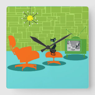 レトロの宇宙時代の子猫のアクリルの柱時計 スクエア壁時計