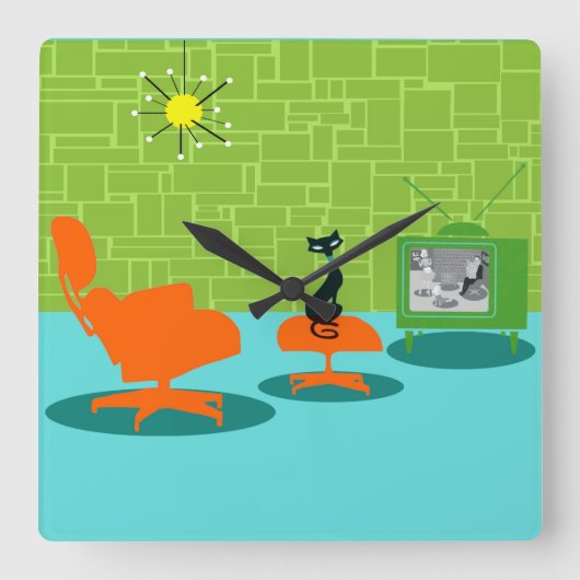 レトロの宇宙時代の子猫のアクリルの柱時計 スクエア壁時計 (正面)