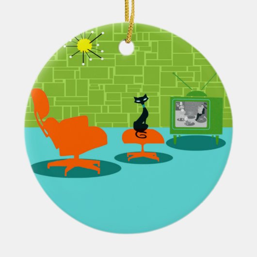 レトロの宇宙時代の子猫のクリスマスのオーナメント セラミックオーナメント (正面)